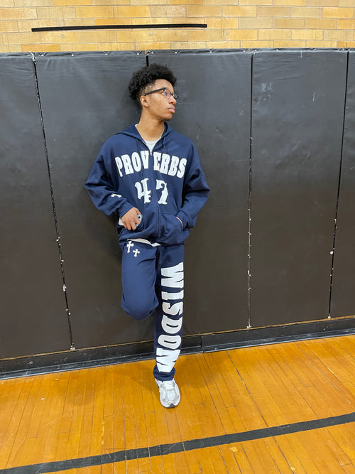 PROVERBS 4.7  Zip -up Hoodie Set (Navy Blue and White)