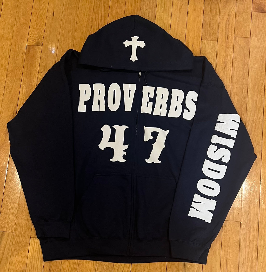 PROVERBS 4.7 Zip-up Hoodie (Navy Blue and White)