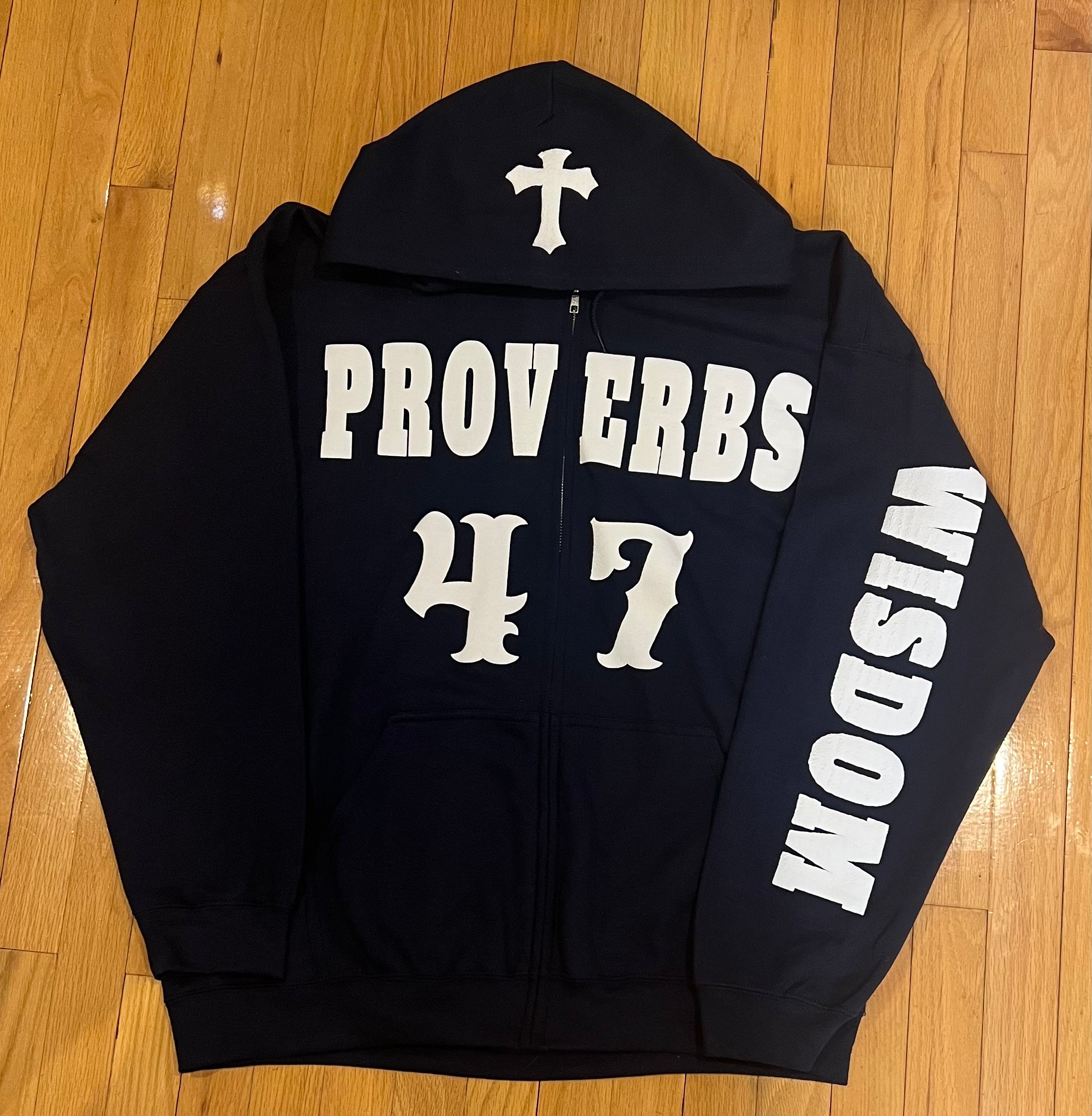 PROVERBS 4.7 Zip-up Hoodie (Navy Blue and White)
